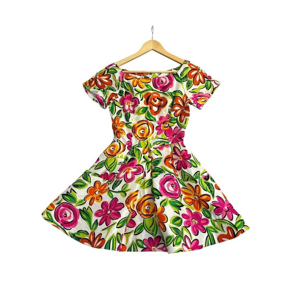 Vintage Floral Fit Flare Dress Short Sleeve Boat Neck Pink Orange Green Mini